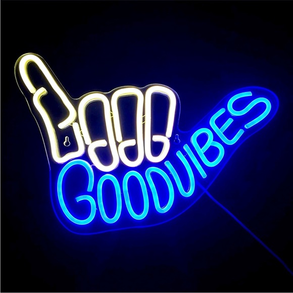 Neon Sign Good Vibes Blue White Hippie Retro 90's Party Birthday Room Light Deco - Picture 1 of 9